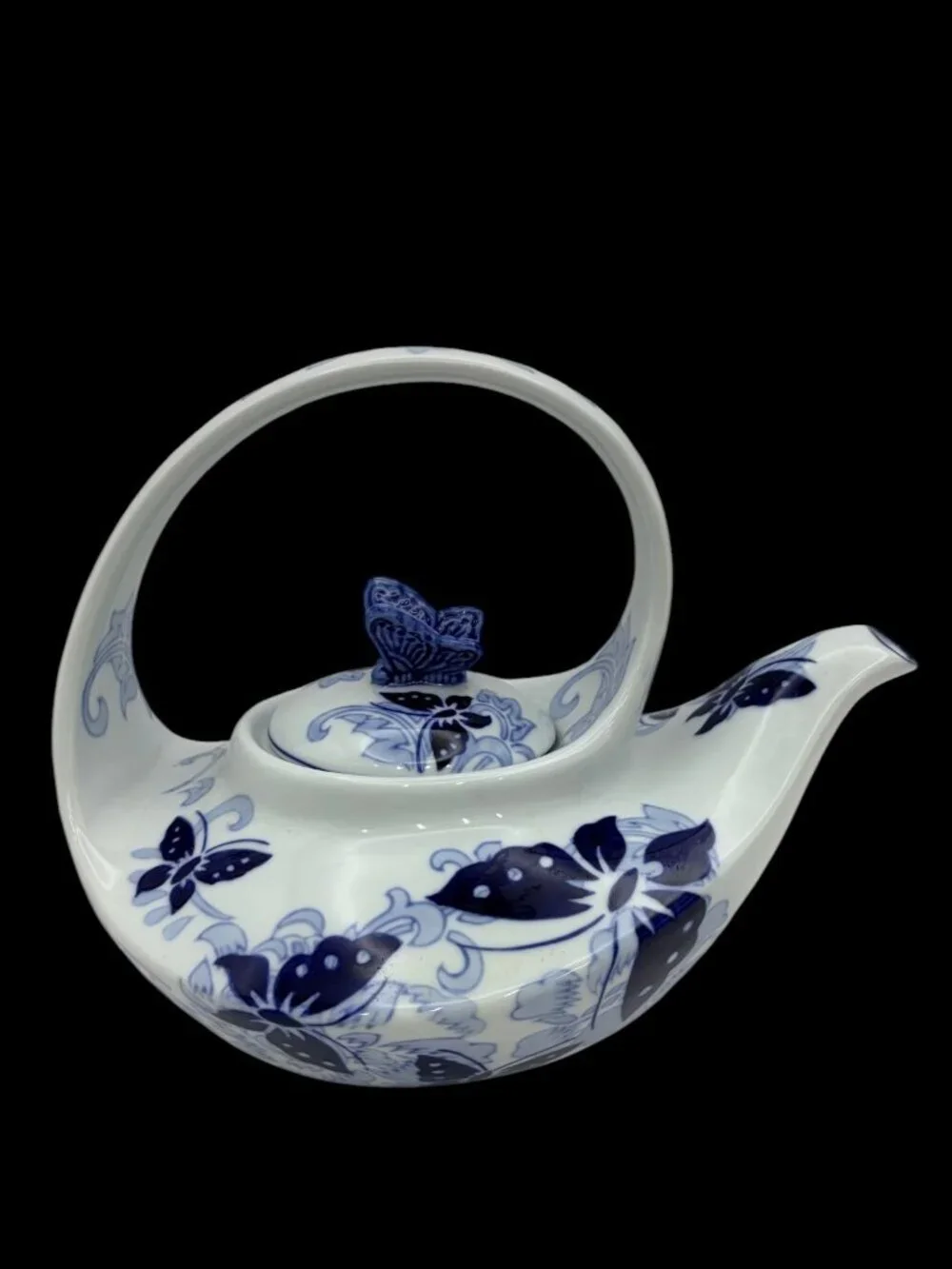 Pier 1 Imports Hand Painted Porcelain Teapot Blue White Floral Butterfly W\Lid
